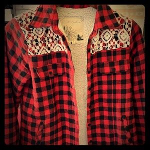 NWT Red/Blk plaid fleece-lined jacket lace detail